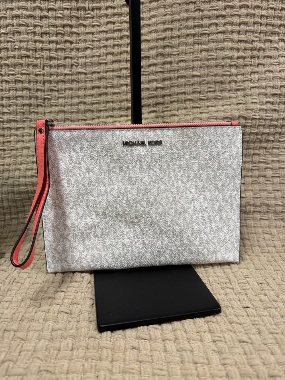 Michael Kors White Signature Wristlet with Pink Trim